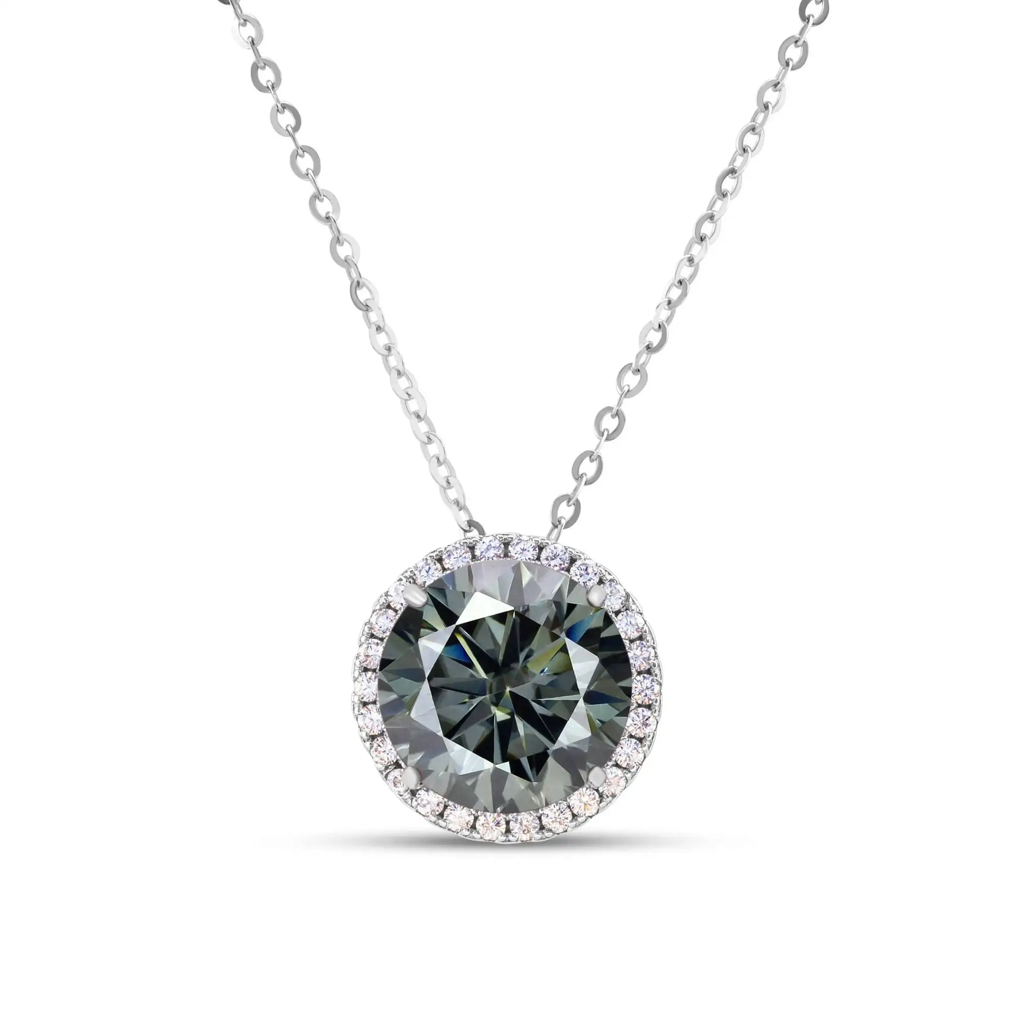 5 Karat geschliffener D Moissanit Diamant-Anhänger Halskette, runde Fassung, 925er Sterlingsilber Schlüsselbeinkette für Damen – Detail 6