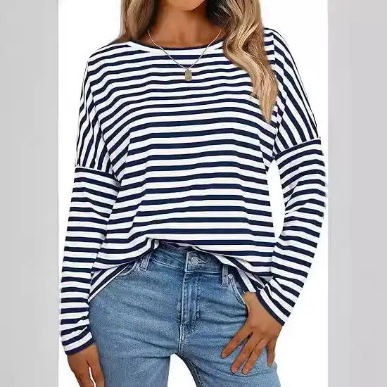 سترة نسائية طويلة مخططة Sve مريحة من البوليستر للتنقل Sle تي شيرت قطعة واحدة مجموعة خريف 2024 #2