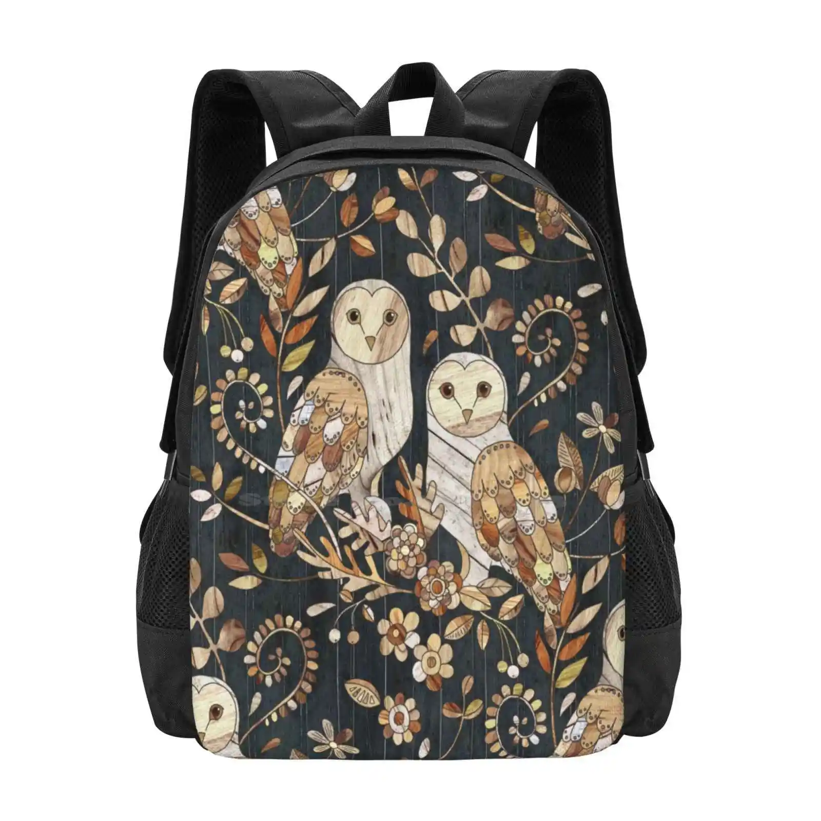 Wooden Barn Owl Collage Teen College Student Backpack Pattern Design Bags Barn Owls Birds Collage Wooden Textured Textures