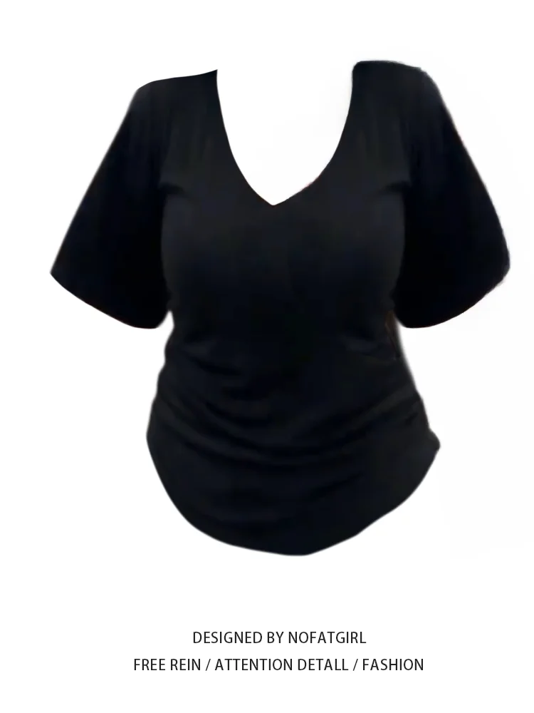

plus Size Slim Fit T-irt Bla Faionable Summer Top Women's Design Sensation Swing Sve Conceal Meat Slimming Base irt