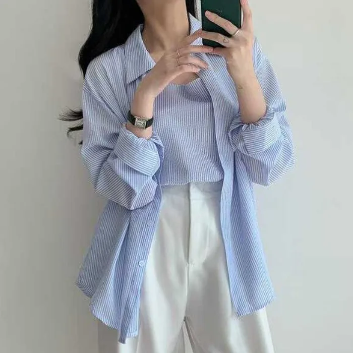 

Retro Design Chic Autumn Winter irt And Strap Two-Piece Set Long Sve Striped Blouse Vintage Sle for Younger Look