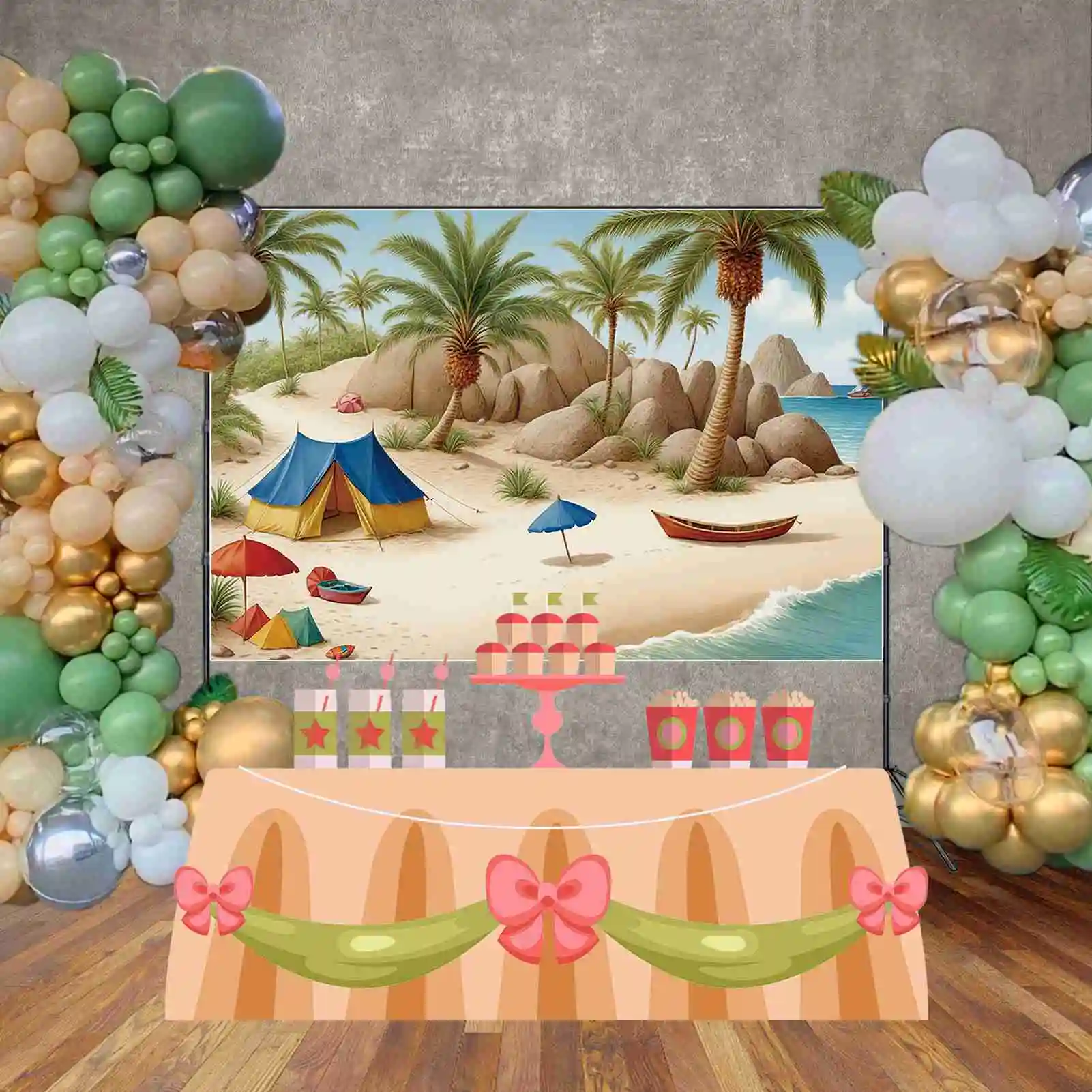 MOON.QG Beach Holiday Birthday fondali Boy Tent Palm Tree Sand Travel Background decorazione personalizzata per feste Photozone puntelli