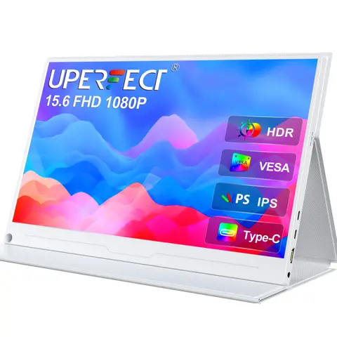 UPERFECT 휴대용 모니터 15.6형 1080P USB-C HDMI 컴퓨터 모니터 HDR IPS 게임 화면, PC 노트북 MAC 휴대폰용 고급 스마트 덮개 스피커, PS4 Xbox Switch 화이트