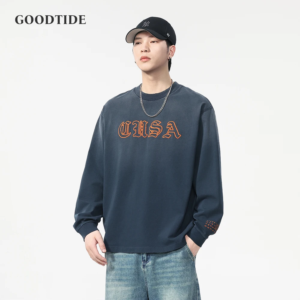 

Fashion Men's Letter Embroidery Pattern T-shirt 2025 Spring And Autumn New Round Neck Loose Casual Long-sleeved Top Pullover