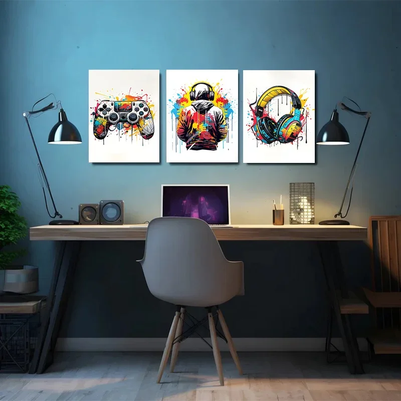 3pcs Abstract Colorful Graffiti Game Console Headset Back Fashion Poster Living Room Wall Art Canvas Painting