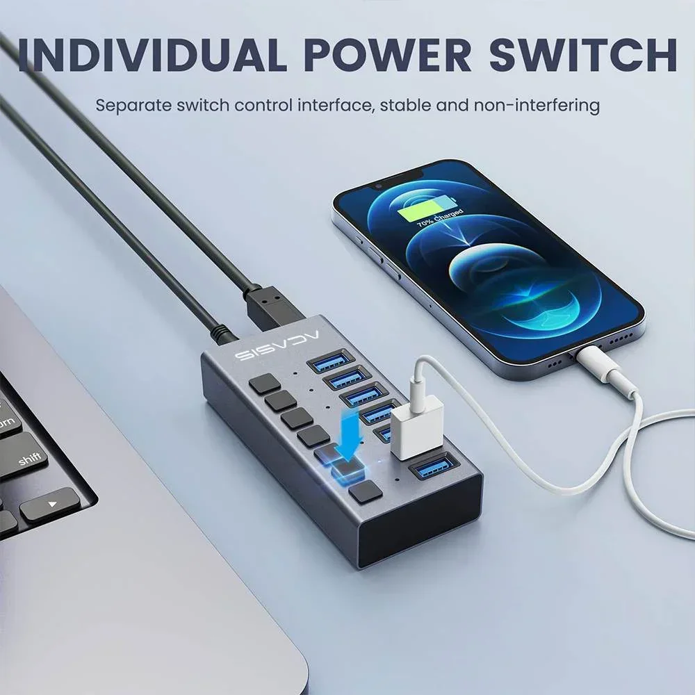 Acasis USB 3.1 10Gbps 7 Ports Splitter USB Extender Individual Switch Docking Station For Data transfer and Charging