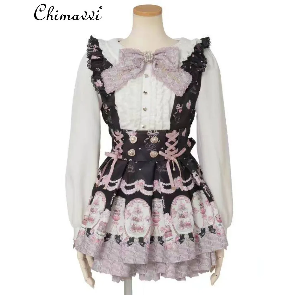 Liz Nieuwe 2026 Lente Nieuwe Japanse Gesmolten Chocolade Jurk Set Zoete Meisjes Cartoon Print Lange Mouwen Slanke Top Rok Prinsessen Outfits - afbeelding 2