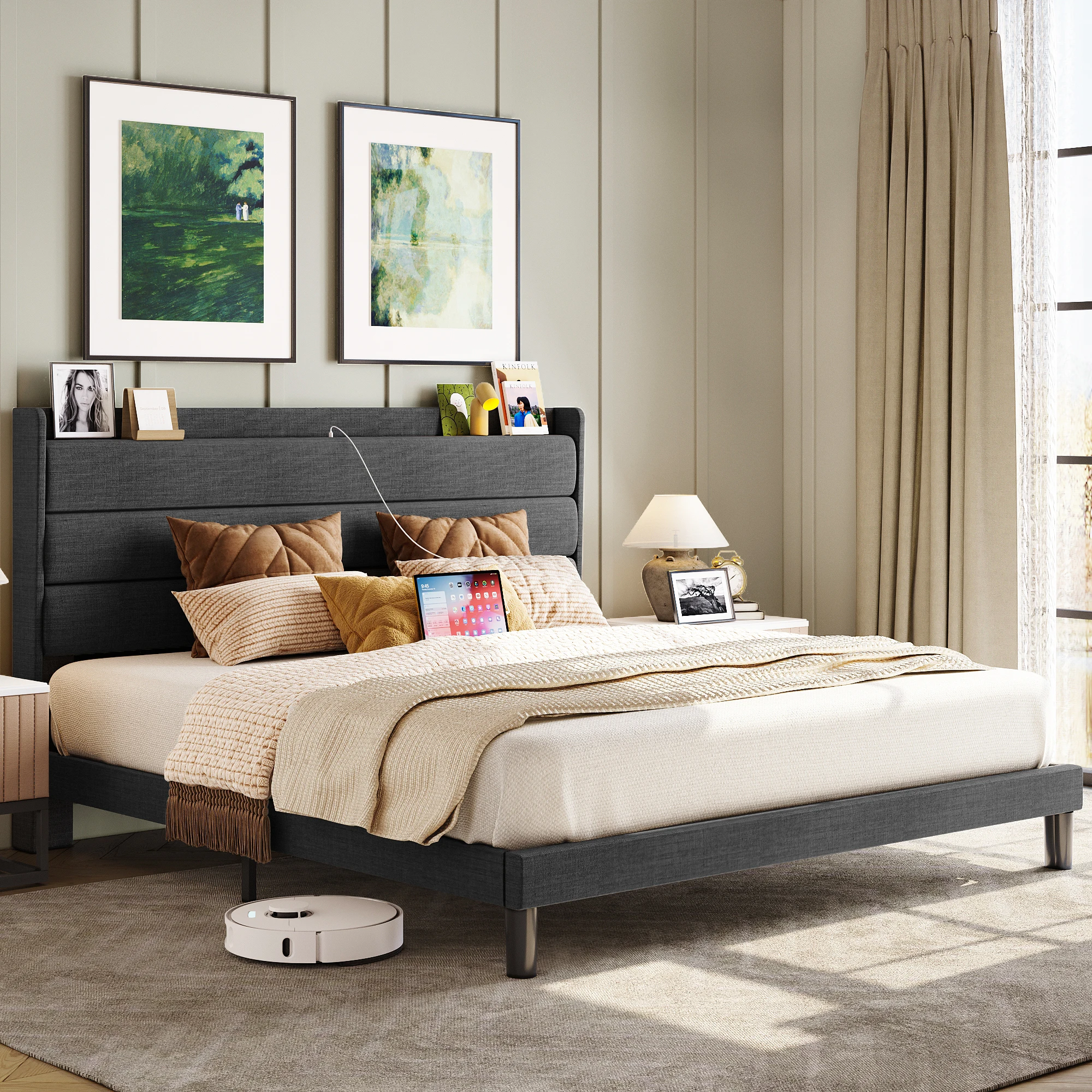 King Bed Frame, Storage Headboard with Outlets, Sturdy and Stable, No Noise, No Box Springs Needed, Dark Gray