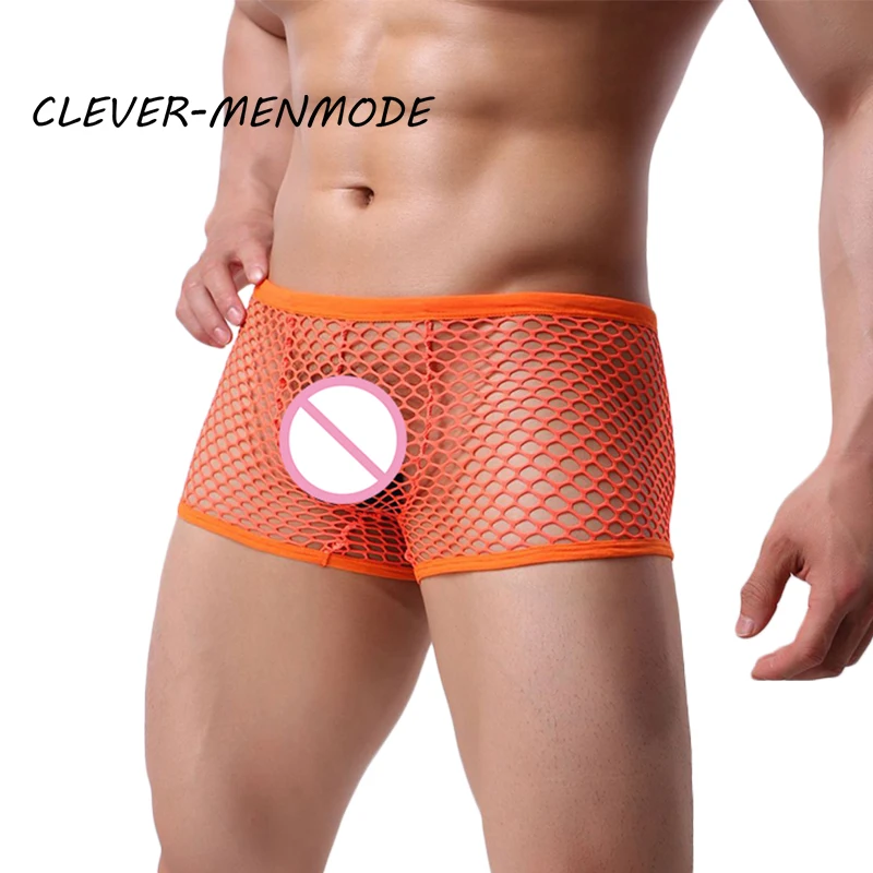 Men\'s Sexy Underwear Breathable Mesh Hollow Out Boxer Shorts U Convex Transparent Underpants Cueca Masculina Lingerie Trunks