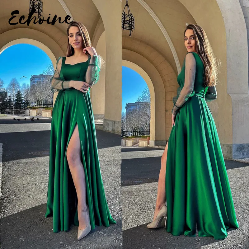 Green Shiny Satin Long Floor Length Party Dress Women Sexy Mesh Long Sleeve Tie Up Split Evening Prom Dress