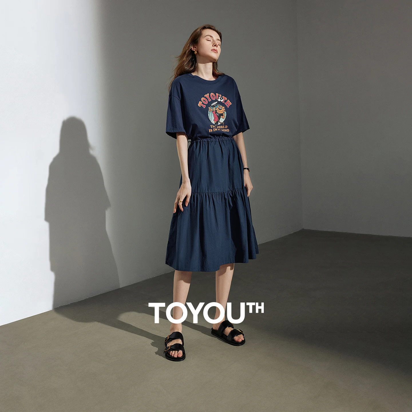 TOYOUTH Women Dresses 2026 Summer New Loose Belly Covering Mid Length Spliced T Shirt Dress