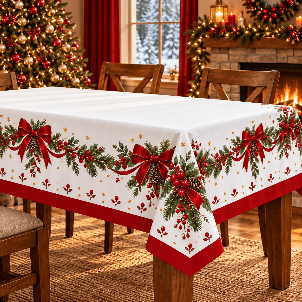 1 square tablecloth, Christmas red bow pine branches and red fruit printed polyester tablecloth, white background