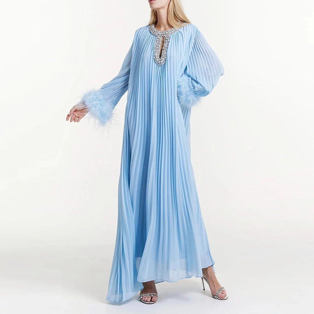 TWOTWINSTYLE Solid Loose Spliced Feather Dresses for Women Round Neck Long Sleeves Patchwork Diamonds Dress Female Clothing New