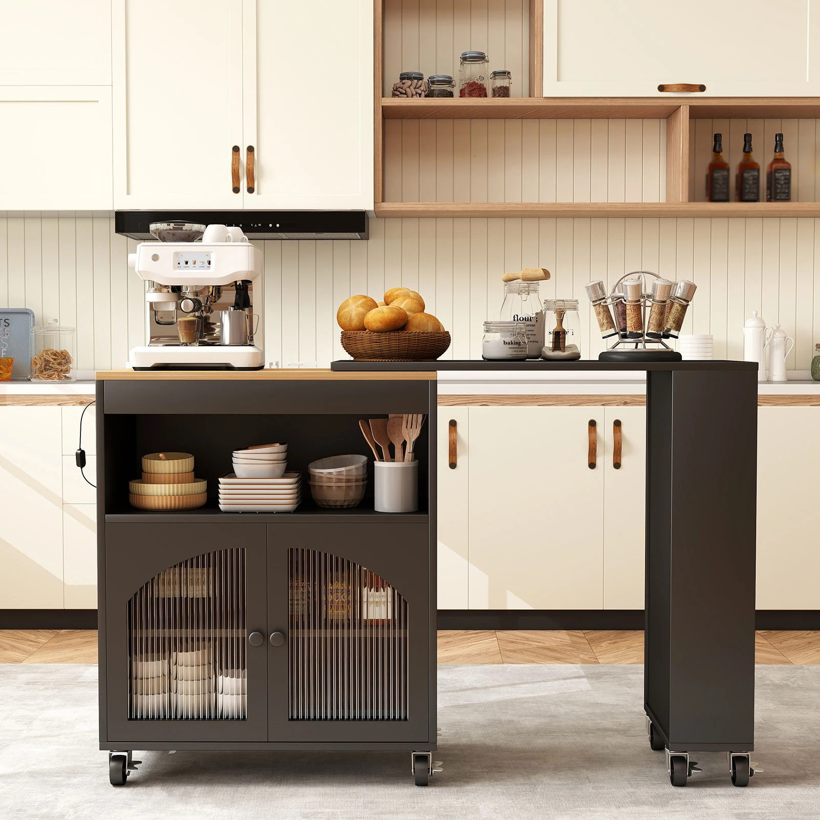 Kitchen Island On Wheels w Storag Extended Table MDF Rolling Kitchen Storage Cart w LED Light Power Outlets 2 Fluted Glass Doors