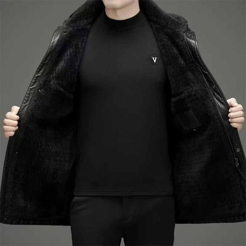 2026 New Men Fashion Casual Fur Integrated Leather Coat Winter Men Mid-Length Thickened Wool Liner Warm Sheep Leather Jacket