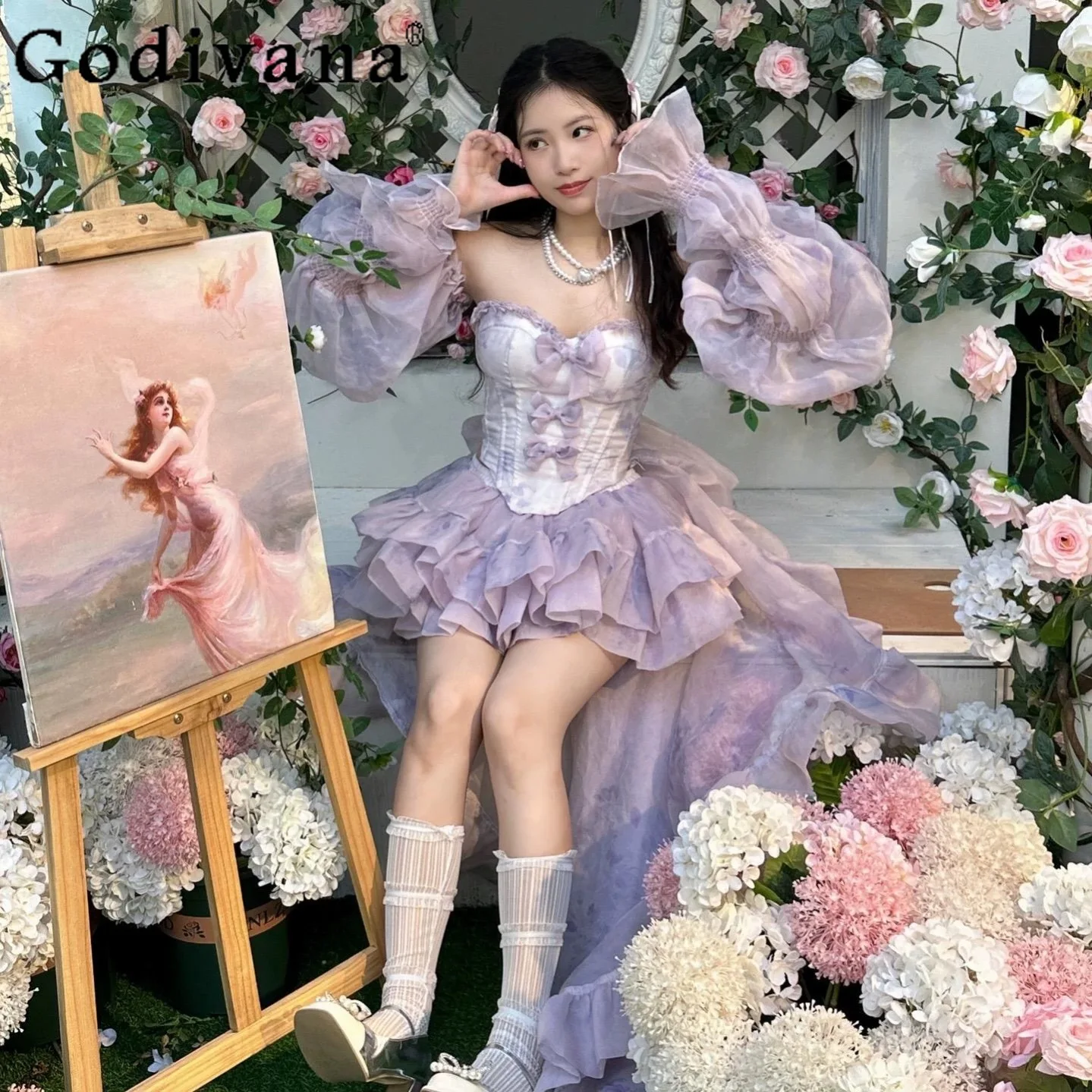 

High-End Sweet Purple Princess Tube Top Skirt Long Tail Set Anniversary Birthday Party Fairy Dress Women's Puffy Cake Dresses