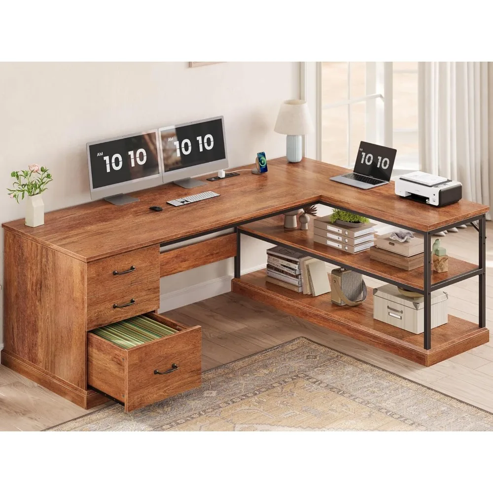 

L Shaped Desk, Farmhouse Desk with Drawers and Storage Shelves, Executive Home Office Desk with Power Outlet, File Cabinet Stor
