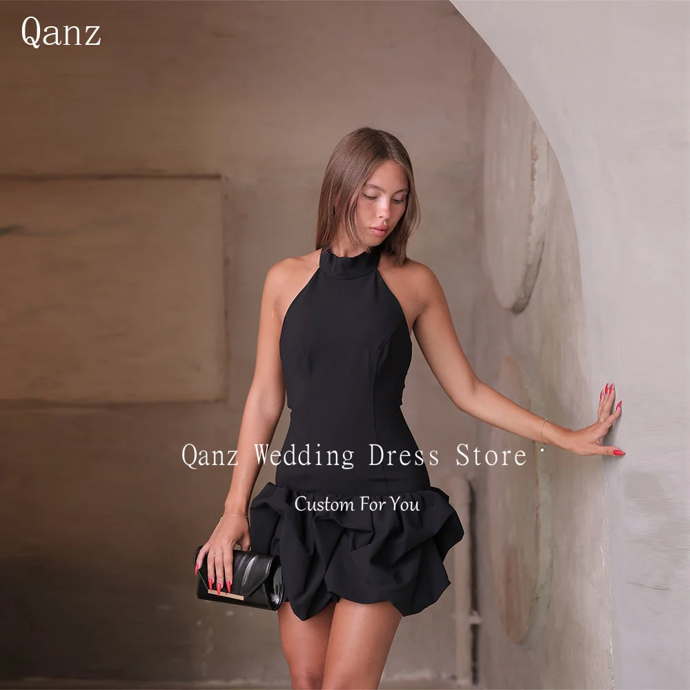 

Qanz Galter Neck Sleeveless Prom Dresses Tiered Ruffles Satin Sexy Mini Birthday Party Gown Robes De Cocktail Customized