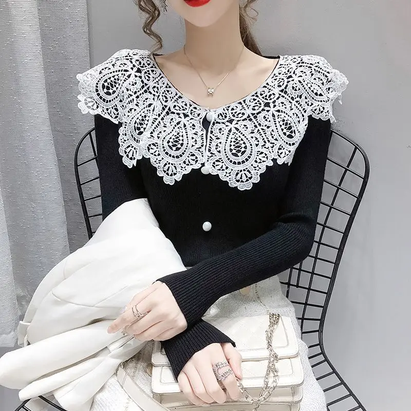 Sweet Lace Doll Neck Knitted Sweater, Stylish Autumn New Base Shirt, Korean Version Slimming Top