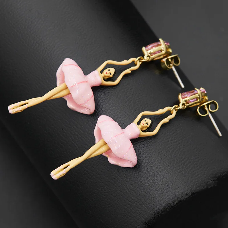 French Temperament Sweet Fashion Color Glaze Zircon Pink Dancing Girl Pendant Stud Earrings Fairy Style Ear Clip Christmas Gifts