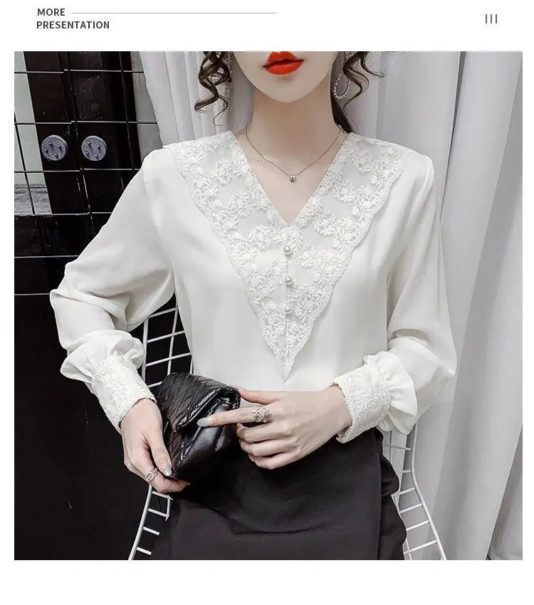 Spring Autumn New Fairy V-neck Lace Top Unique Small Shirt Design Sense Shirt Long Sleeve Western Style Chiffon Shirt for Women