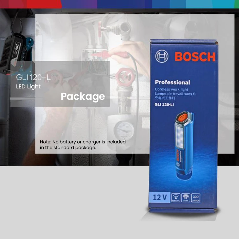 Bosch Gli 120-Li مصباح عمل LED قابل لإعادة الشحن، بطارية 300 لومن 12 فولت، فانوس