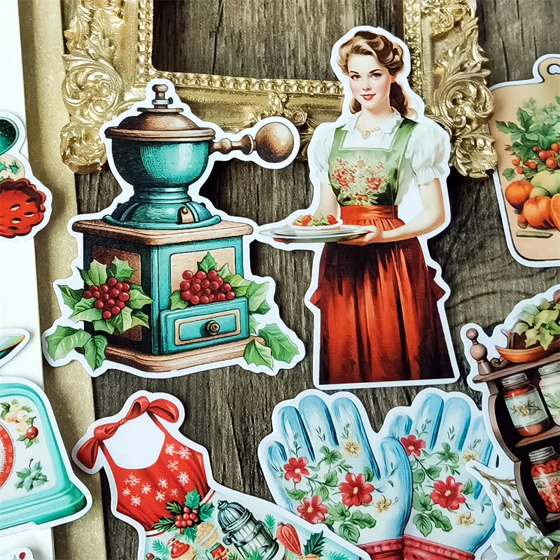 Watercolor Retro Christmas Kitchen Figure Kitchen Tools Stickers Vintage, Waterproof   for Photo Album stationery scrapbooking