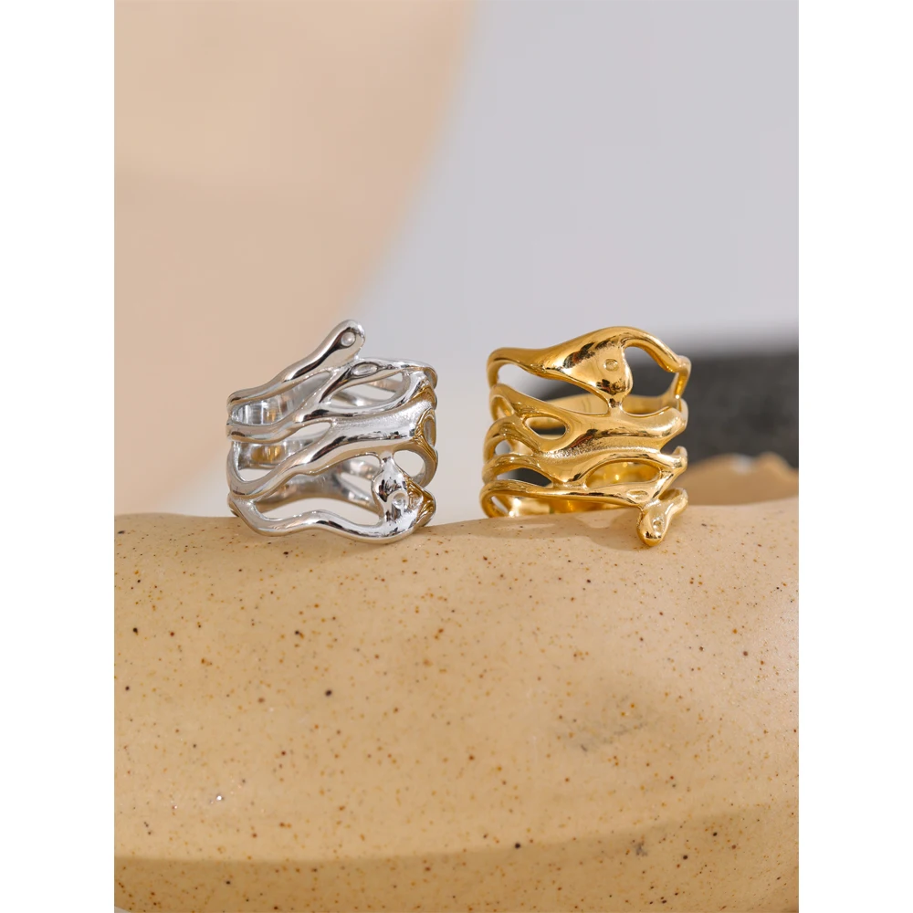 Yhpup 6789 #   Modny stal nierdzewna 316L warstwowy pusty geometryczny szeroki pierścionek złoty kolor srebrny 18K platerowany PVD modna biżuteria na prezent — zdjęcie 5