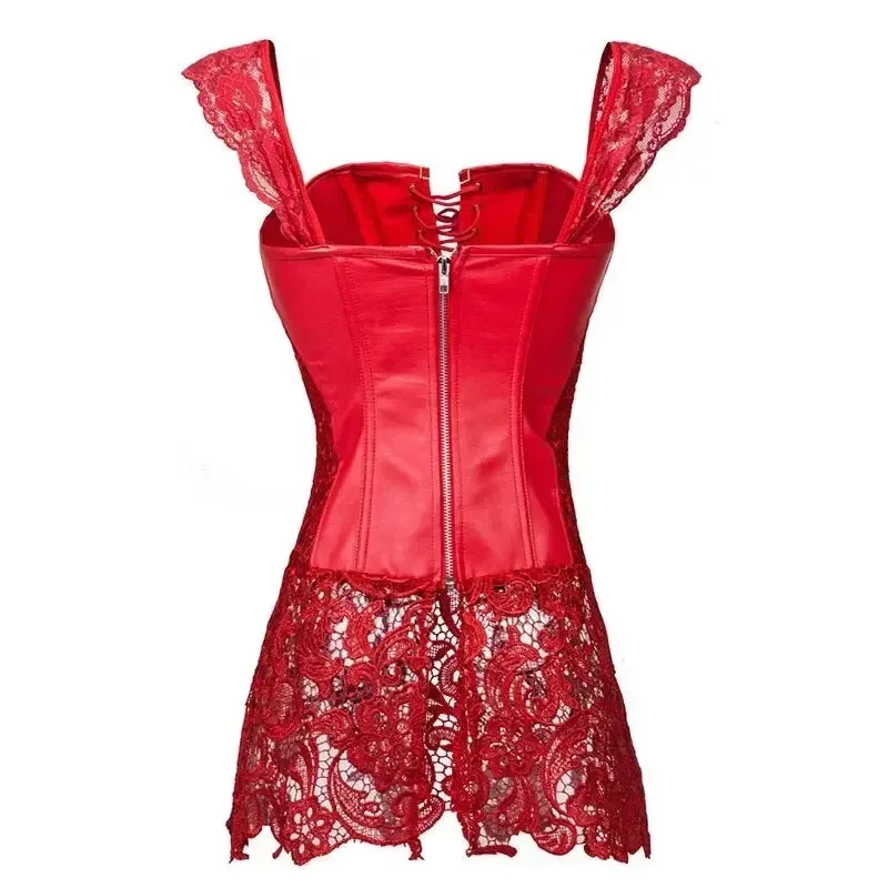 Black Red Pu Leather Corset Dress Zipper Lace-up Plastic Bones Bustier Overbust Top Body Shaper Sexy Women Lace Skirt