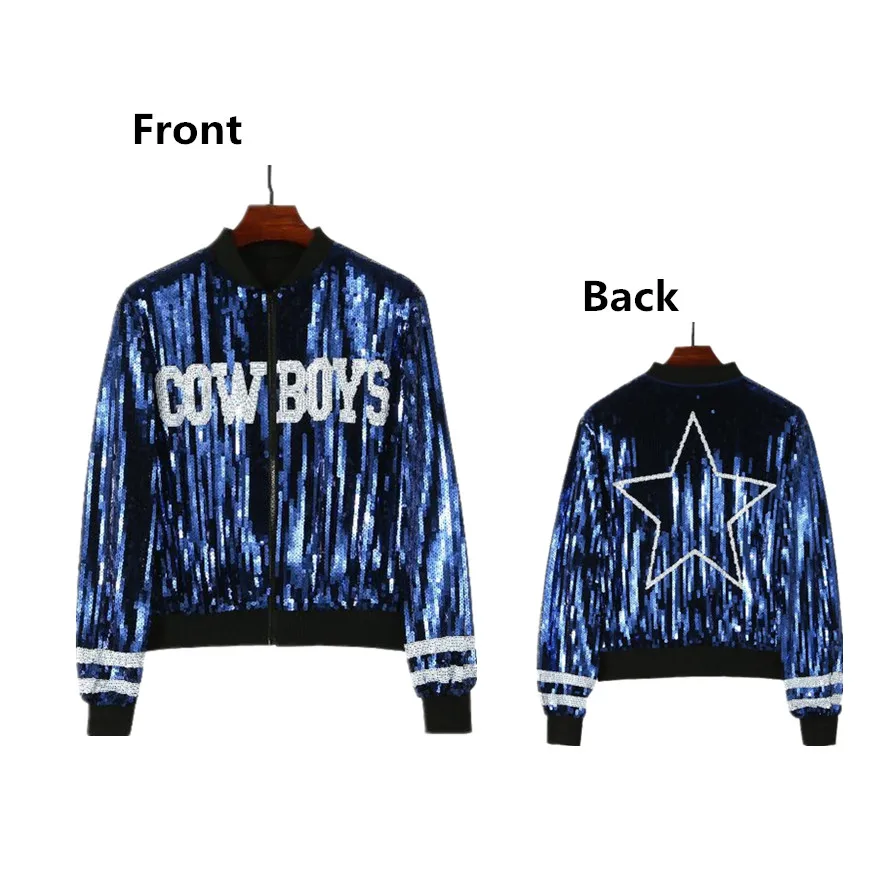 Autumn High Quality Cowboy Letter Streetwear Sequined Long Sleeve Round Neck Loose Jacket Women Hip Hop Night Club  Coats