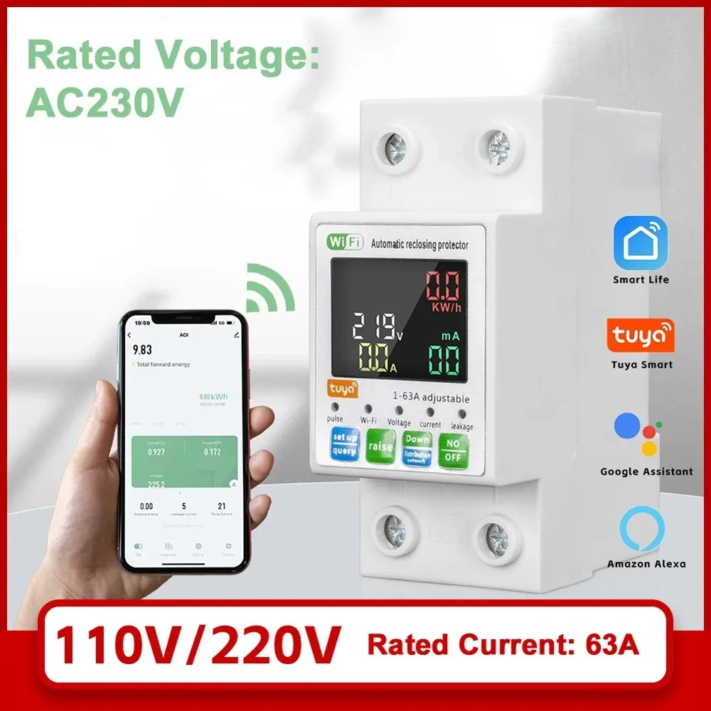 Tuya WiFi Intelligent Circuit Breaker Backlit Single-Phase Energy Meter Auto-Reclosing Protector LCD Display APP Remote Control