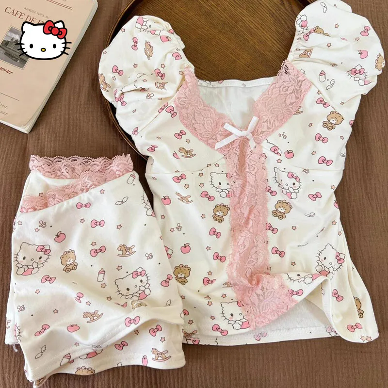 

Корейские пижамы Hello Kitty, женские шорты с короткими рукавами, летние кружевные топы с кавайным принтом, сексуальный тонкий женский комплект домашней одежды, подарок