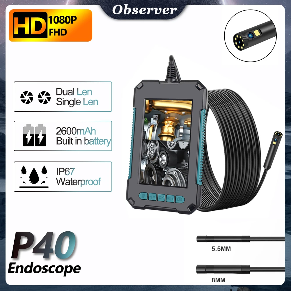 

Dual Lens Industrial Endoscope Camera 4.3" IPS Screen HD1080P 5.5mm Pipe Car Inspection Borescope IP68 Waterproof LEDs 2600mAh