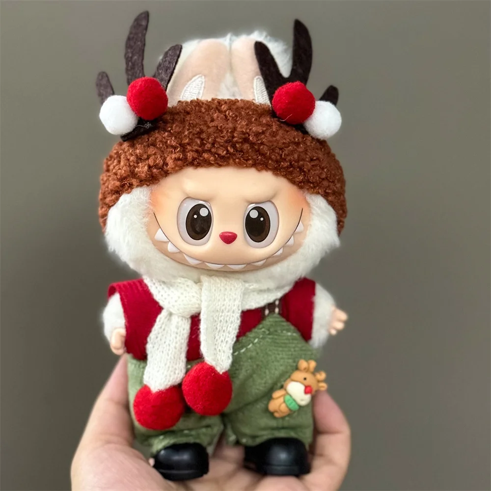 15-17CM 라부부 의류용 인형 옷 메리 크리스마스 모자 스카프 엘크 눈사람 세트 미니 봉제 인형 액세서리 새해 드레스 선물