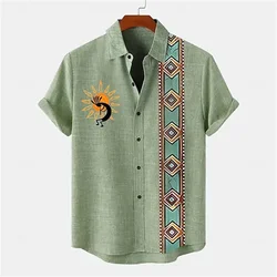 Summer Retro Totem Printed Shirt Ancient Civilization Pattern T-shirt Men's Temperament Button Short Sleeve Large Size T-shirt