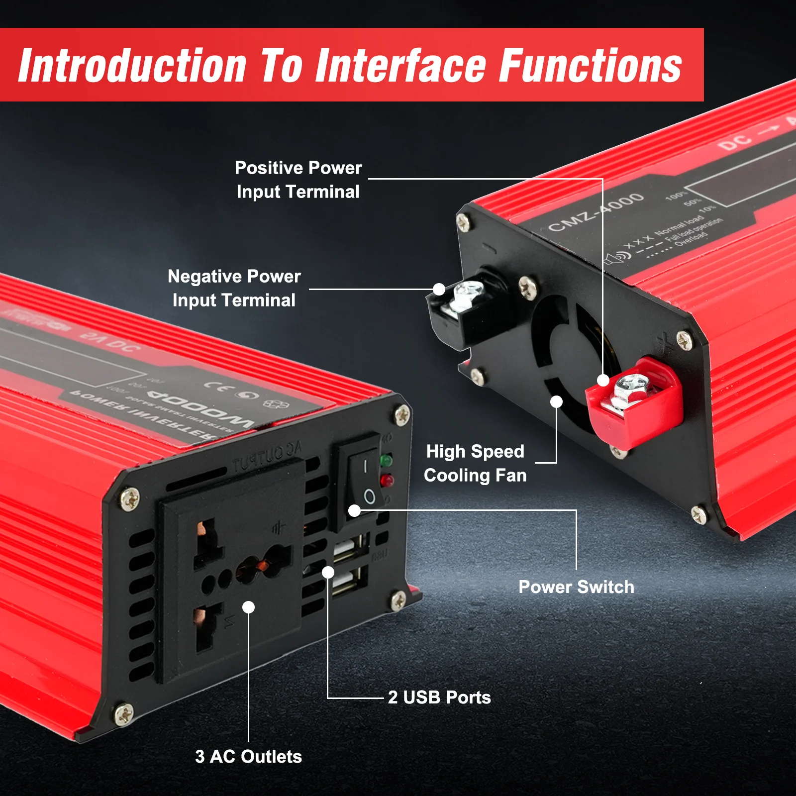 4000W Car Power Inverter Converter DC 12V to AC 110V  Dual USB 4.2A Intelligent Color Display 60Hz Fast Charging Portable Power Bank Car