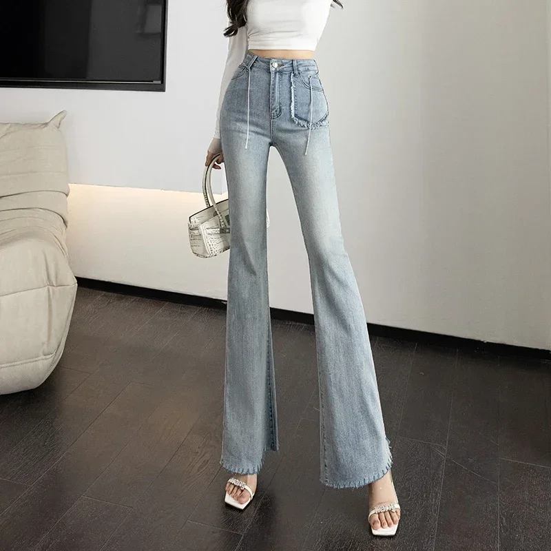 Lady Fashion High Waisted Jeans Woman Clothing Girls Casual Streetwear Lim-Fit Denim Trousers Female Vintage Bell-bottoms 7654 2