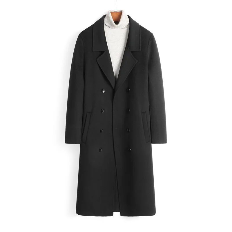 Mens Pure Wool Overcoats Lapel Double Breasted Simple Slim Fit Long Trench Coat Fashion Autumn Winter Street Daily Business Wear