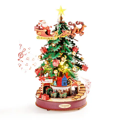 Robotime Rolife Christmas Melody Tree Music Boxes 3D Wooden Puzzle with Light Perfect Gifts for Family  Easy Assemble Toys