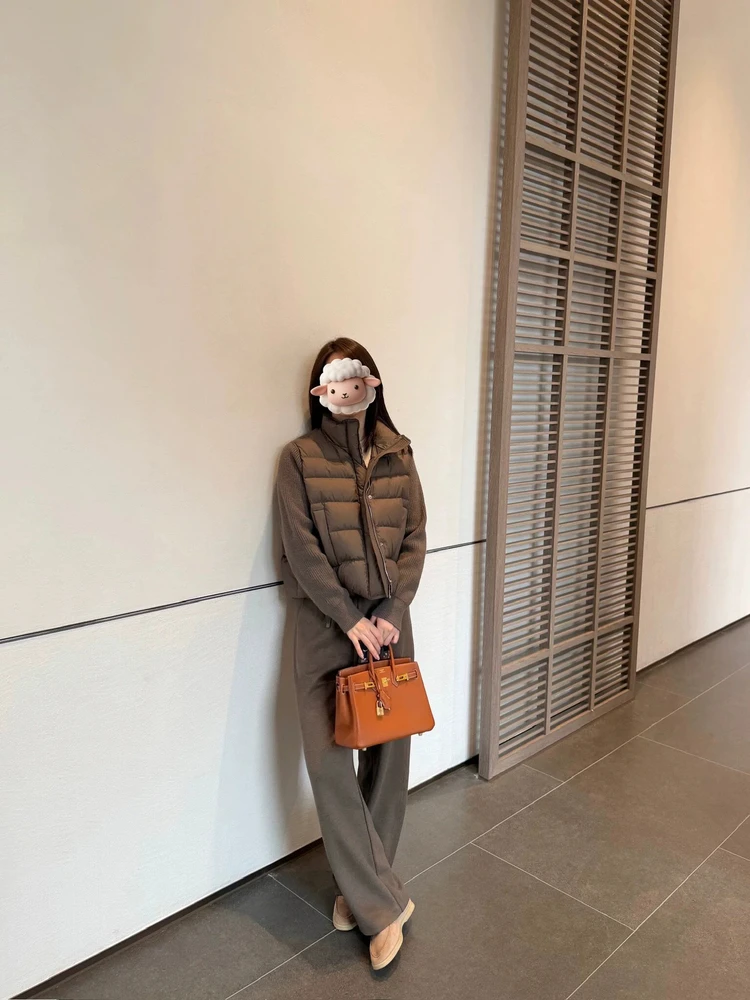 이스트 게이트 니트 스웨 패치워크 다운 재킷 여성용 따뜻한 경량 루즈 캐주얼 출퇴근용 브레드 스타일 패셔너블 코트