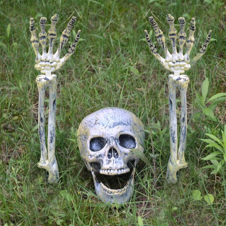 3pcs Skeleton Realistic Skull Stakes Skeleton Head Human Hand Arms Halloween Party Home Outdoor Yard Garden Lawn Decoration Prop