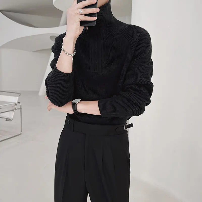 Autumn Winter KPOP Fashion Style Harajuku Slim Fit Tops Loose Casual All Match Knitwear High Collar Zipper Long Sleeve Sweaters
