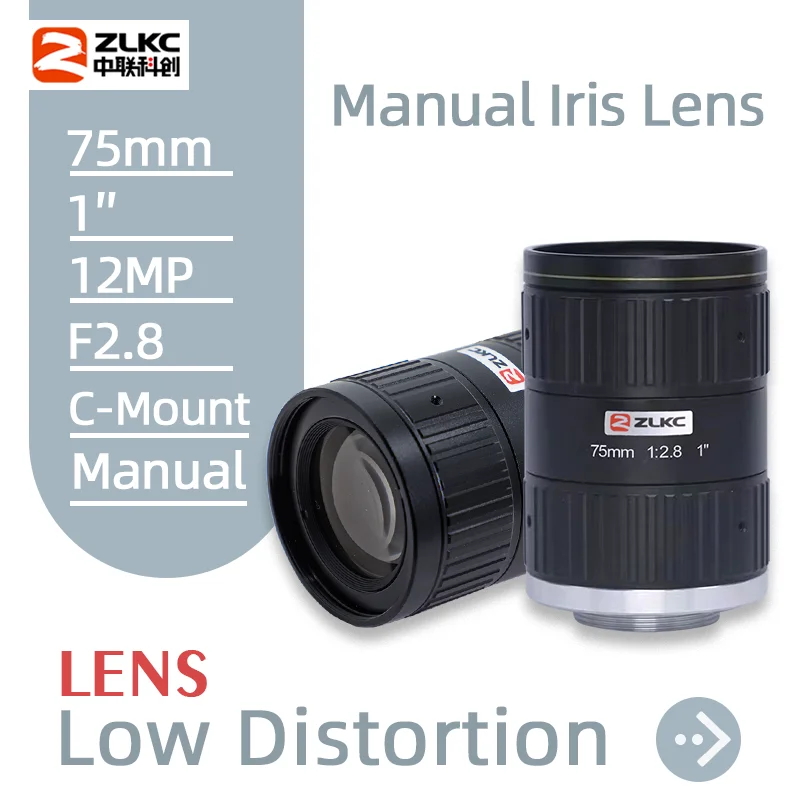 ZLKC 75mm Lens C Mount 1 Inch industrial cameras Low Distorsion 12MP Manual Iris F2.8 Machine Vision CCTV lenses & accessories