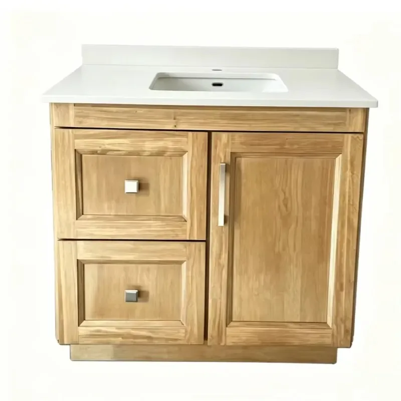 Modern 30 Inch Solid Wood Bathroom Vanity with Stone Sink One Door Two Drawers Light Oak Finish Waterproof Floor Cabinet for