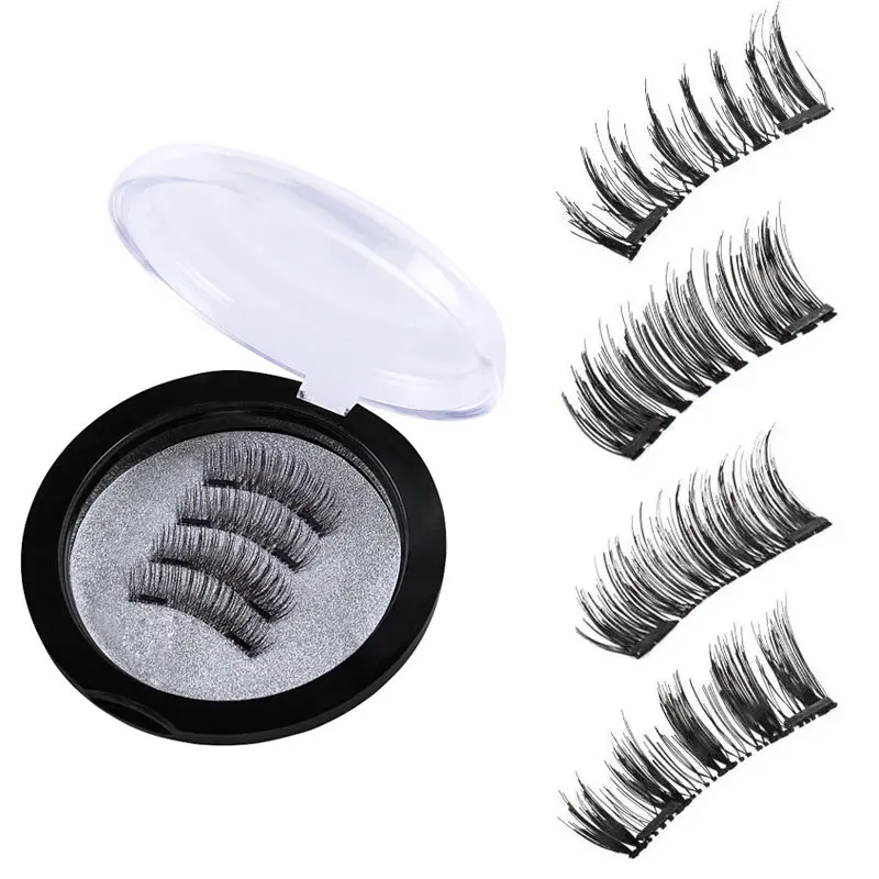 4pcs/set Magnetic Eyelash with 2 Magnets 3D False Lashes Natural Long Strip Eyelashes Extension Reusable Glue-Free Easy Wear