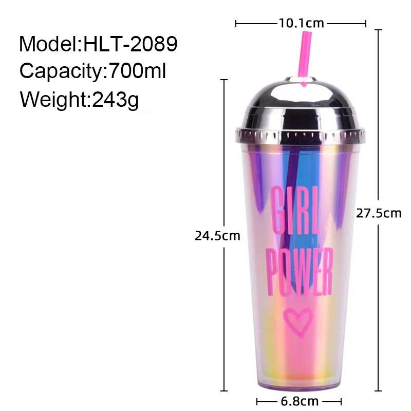 Fantasy Color Half Round Cap Water Cup Large Capacity Portable Water Bottle With Straw Lid Double Layer Plastic Straw Cup