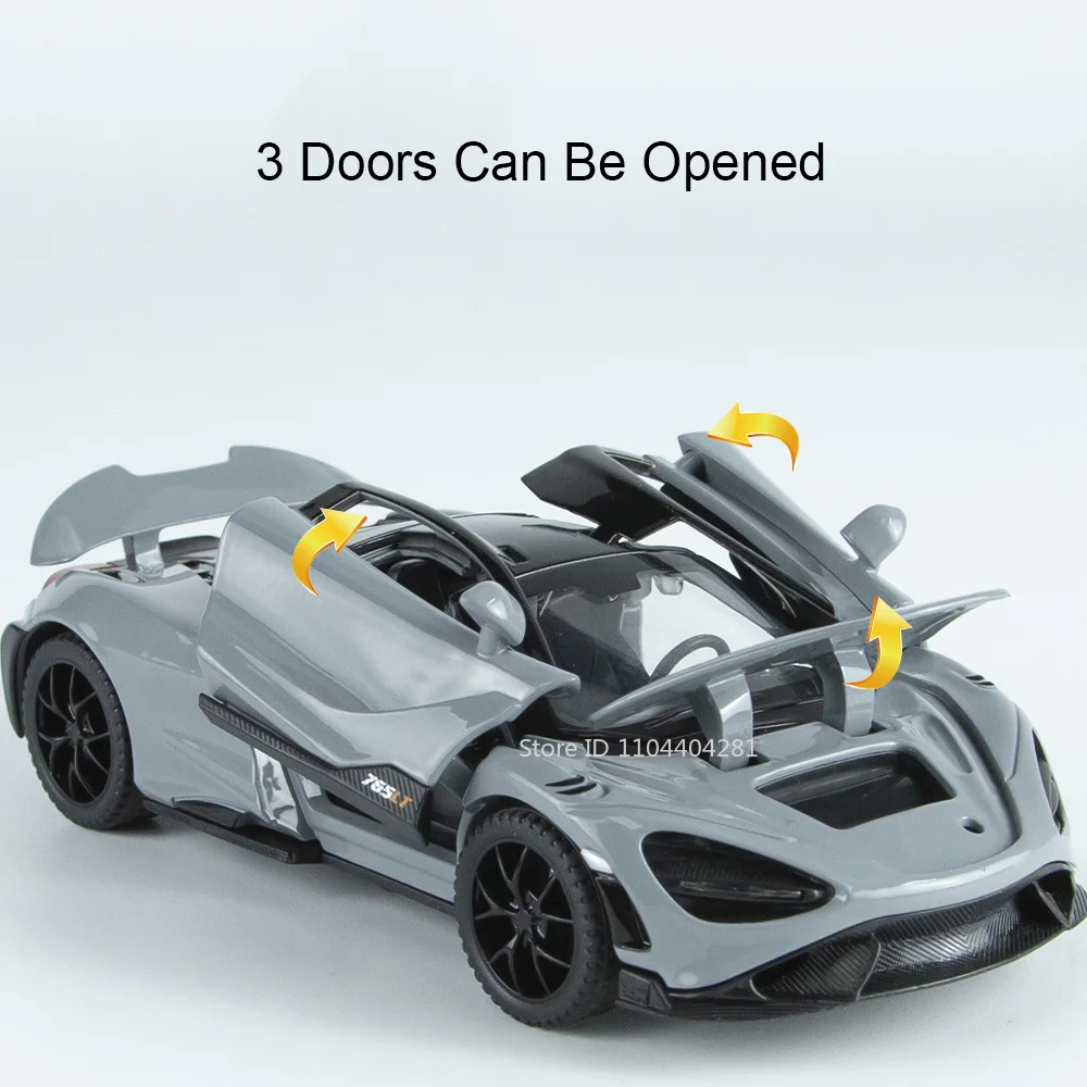 1:32 765LT 720S Alloy Diecast Car Miniature Model Toys Rubber Tires Doors Opened Sound Light Pull Back Vehice Ornaments Boy Gift