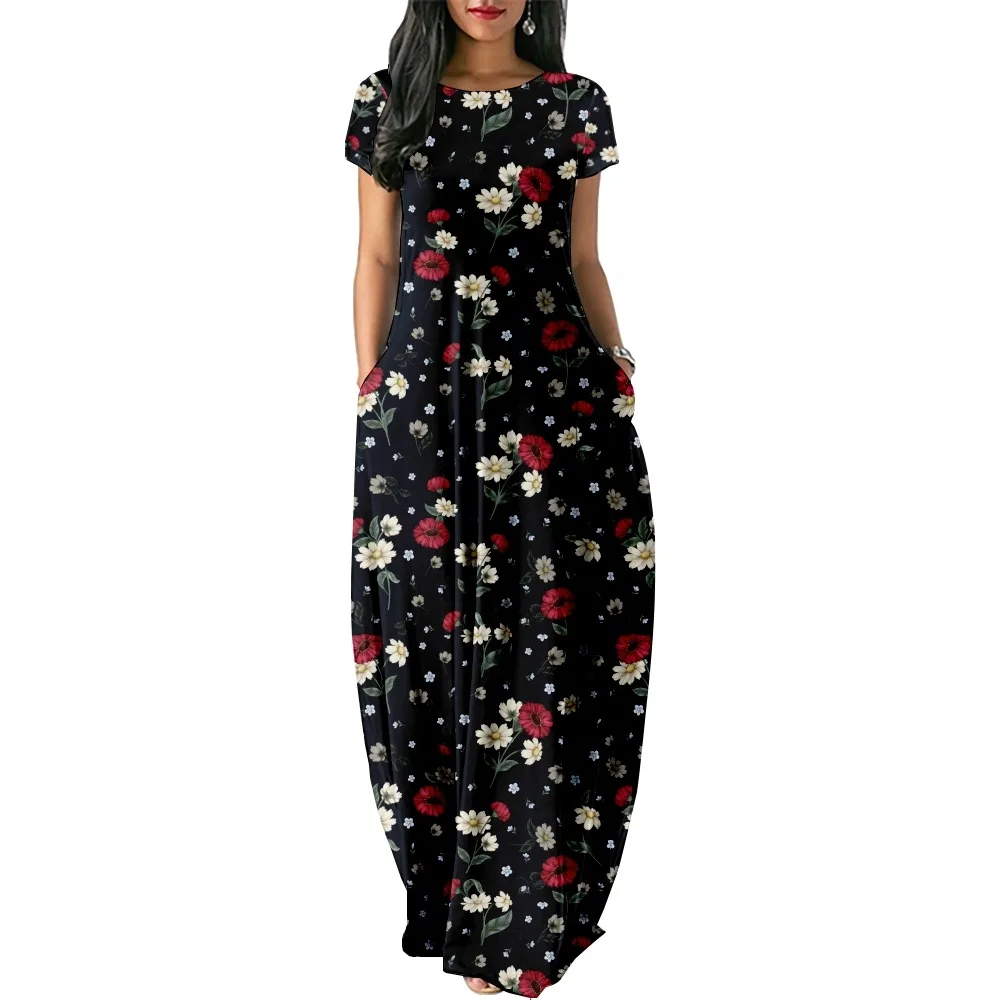 2022 floral impressão feminina casual vestido de manga curta solto longo duplo bolso praia vestido de férias-vestido de mulher