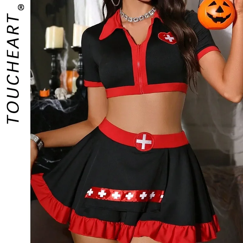

Toucheart Halloween Sexy Cosplay Nurse Uniform Slim Expose Your Plunge Waist Contrast Color Women Interesting Nurse Uniform Set