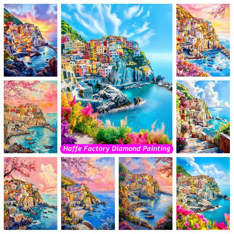 Pintura de diamante de paisaje de Italia Cinque Terre, arte costero, Liguria, paisaje de ciudad, mosaico de punto de cruz artesanal, decoración del hogar